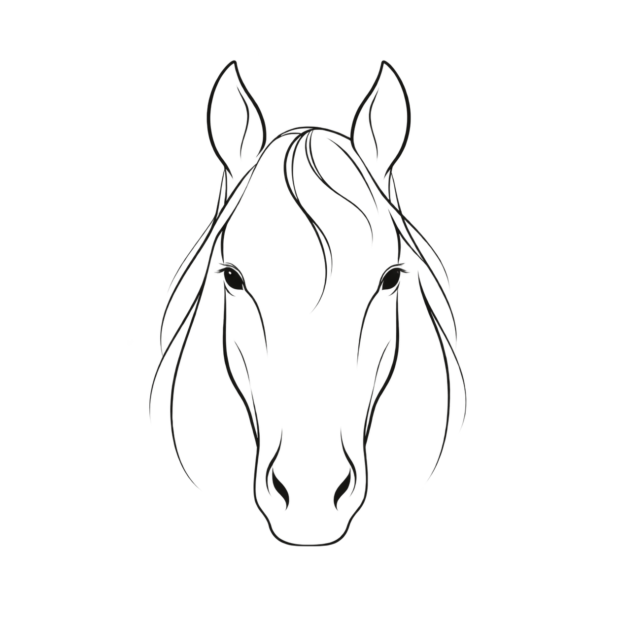 Illustration d’une tête de cheval de face, trait fin